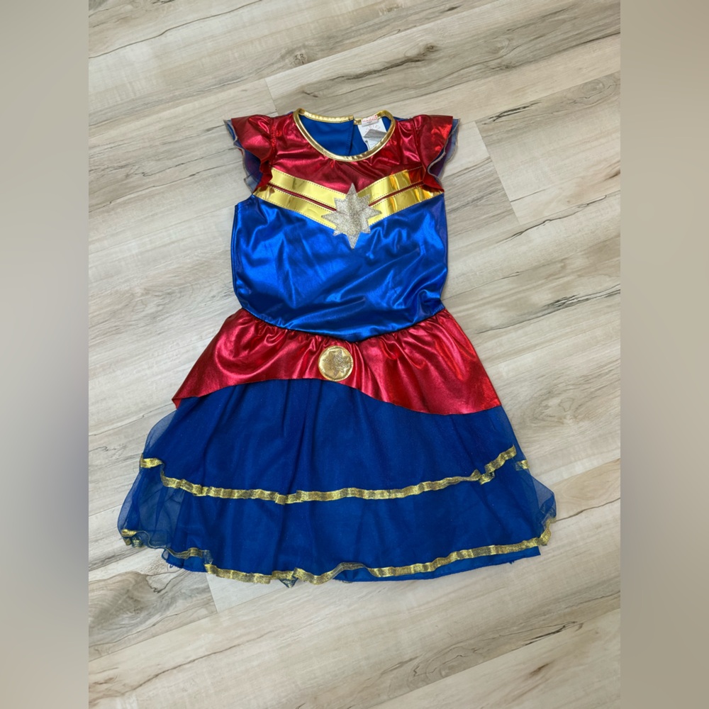 Captain Marvel Superhero Costume in Red, Blue, and Gold
